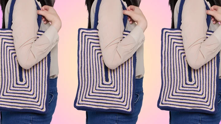 Woman holding a two-toned, crochet book tote bag with a gradient yellow and pink background