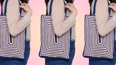 Woman holding a two-toned, crochet book tote bag with a gradient yellow and pink background