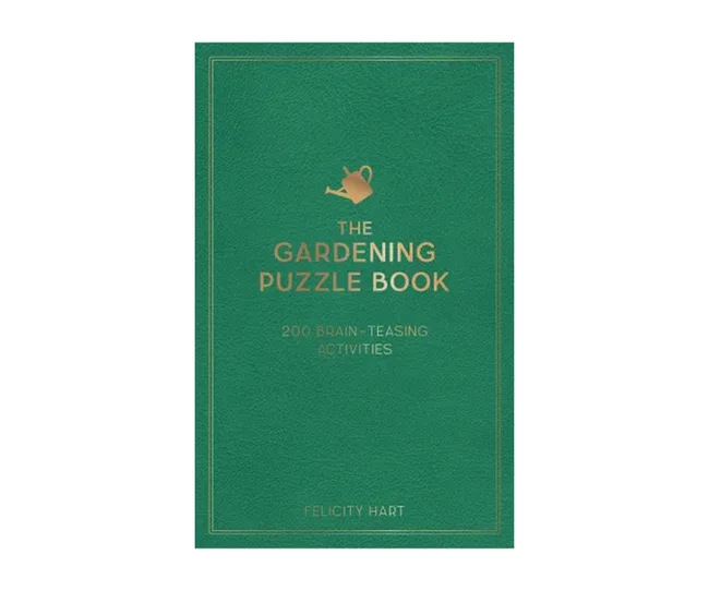 The Gardening Puzzle Book by Felicity Hart; green cover with gold text and a watering can illustration.