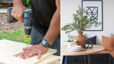 Person drilling into wood panels with inset of contemporary style dining room