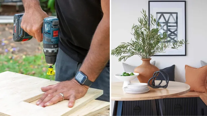 Person drilling into wood panels with inset of contemporary style dining room