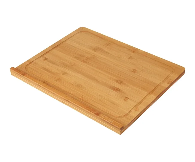 Large affordable bamboo chopping board from Target Australia with a juice channel and bench lip