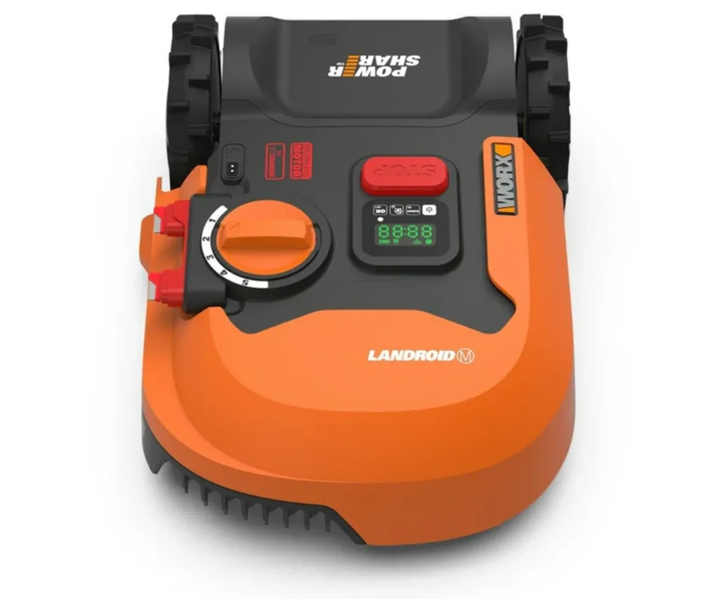 orange lawn mower robot with dial on the top and red stop button