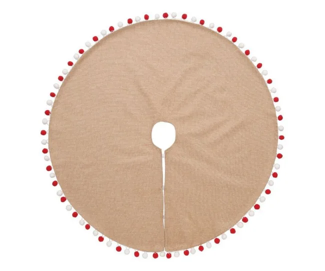brown material tree skirt with red pom poms on end