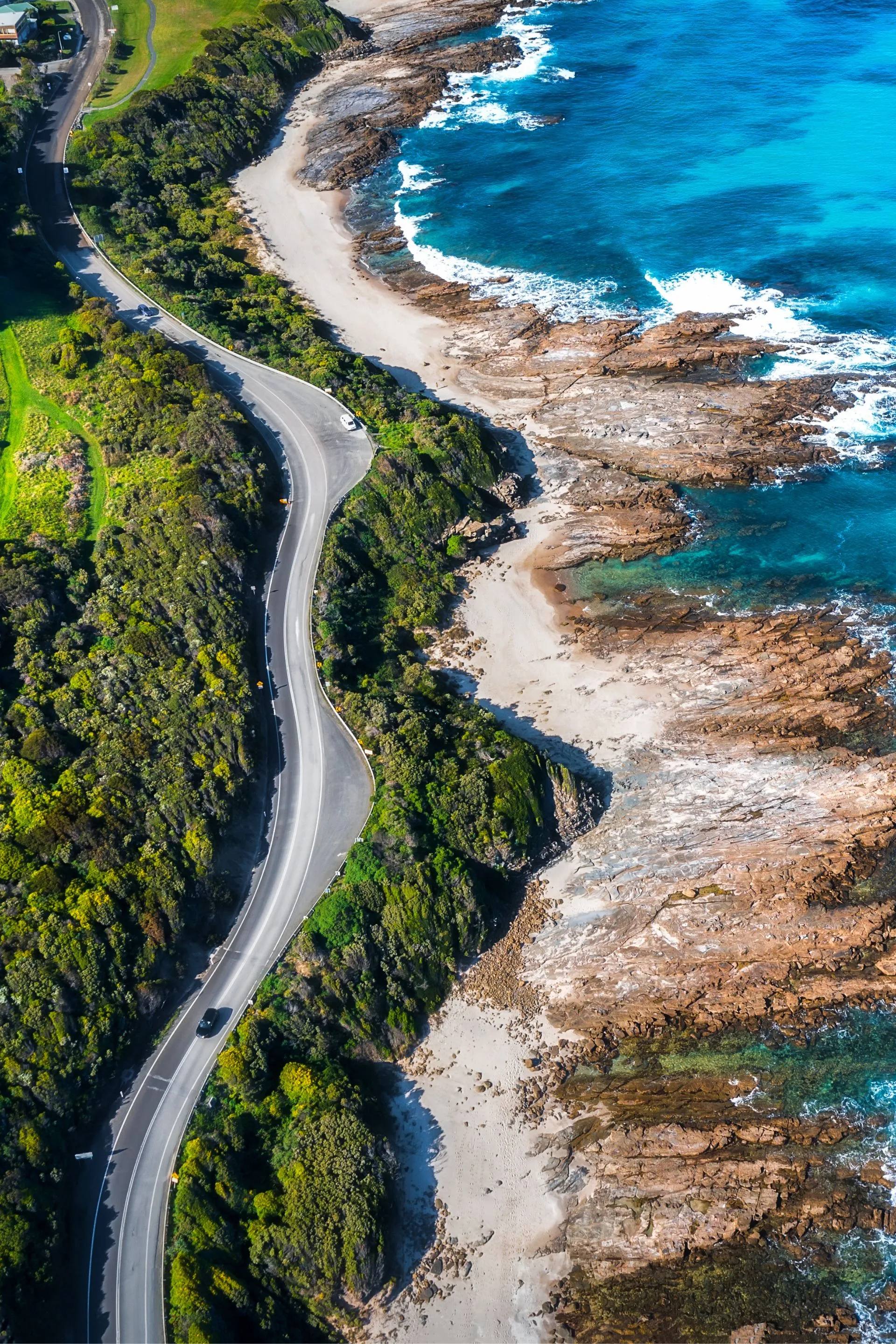 A road winding between green bushland and the ocean