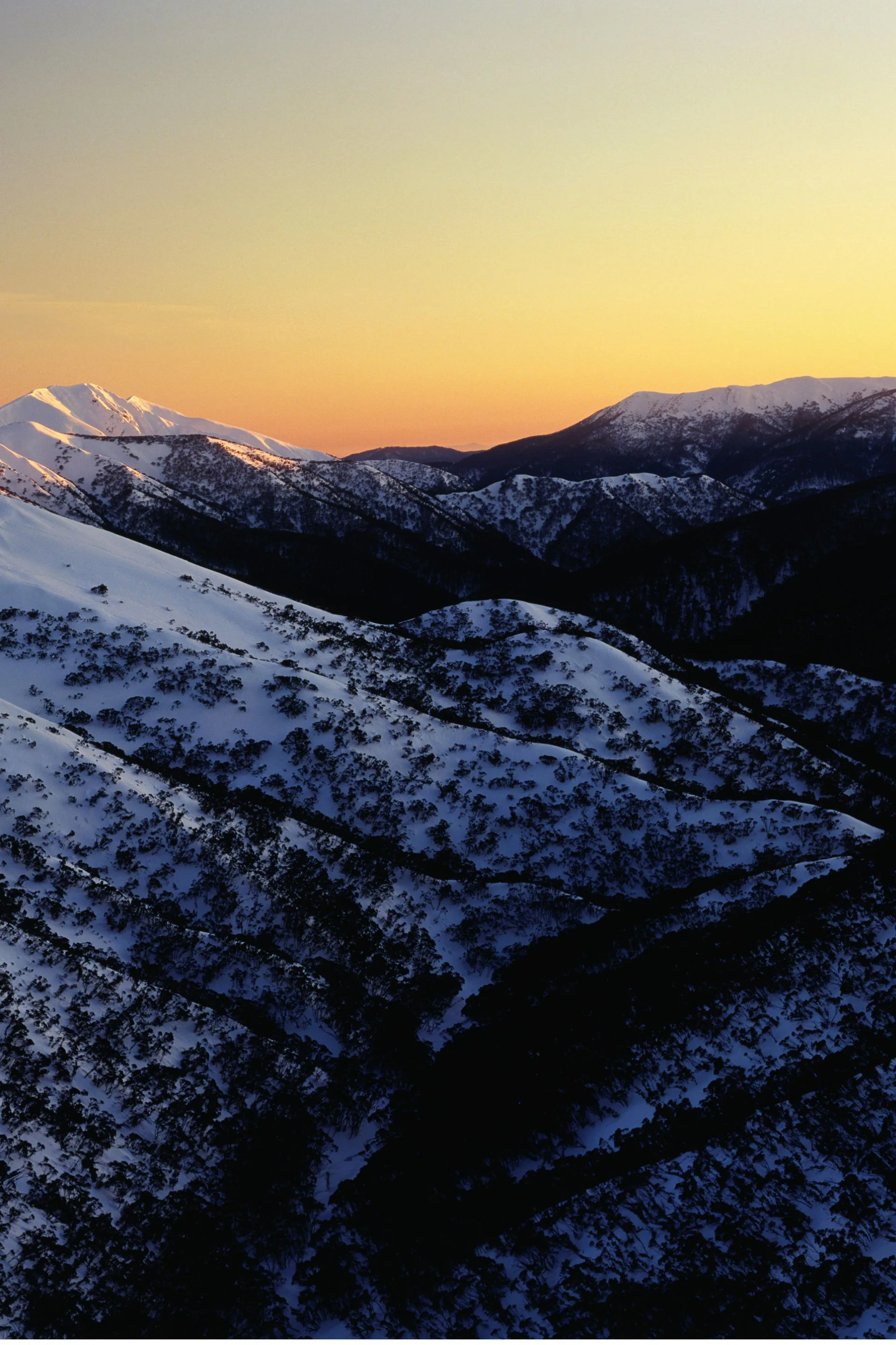 snowy mountains with an orange sunset