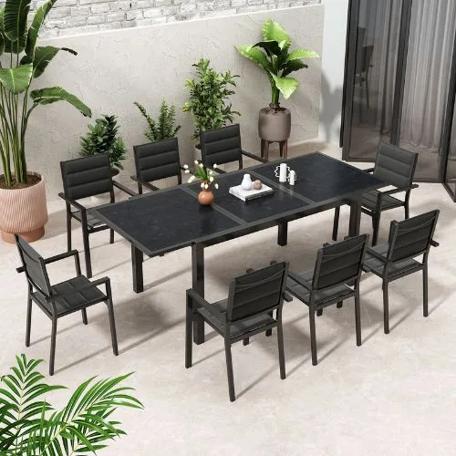 8 Seater Cornelas Outdoor Extendable Dining Table & Chair Set in black