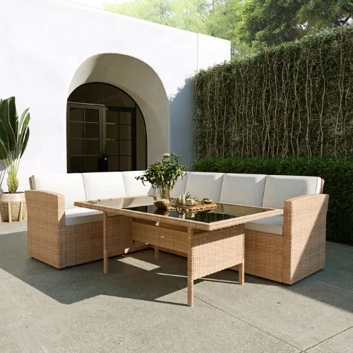 Ballena 6 Seater Wicker Outdoor Dining Set in Beige