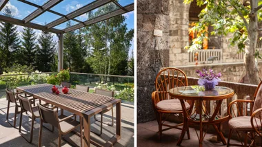 A split image. On the left, a modern outdoor dining set with a slatted table and chairs under a glass pergola. On the right, a vintage rattan table and chairs with cushions on a stone balcony.