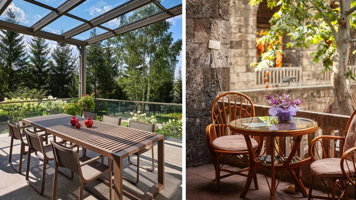 A split image. On the left, a modern outdoor dining set with a slatted table and chairs under a glass pergola. On the right, a vintage rattan table and chairs with cushions on a stone balcony.