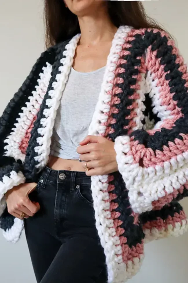 chunky over sized crochert cardigan pink grey and white
