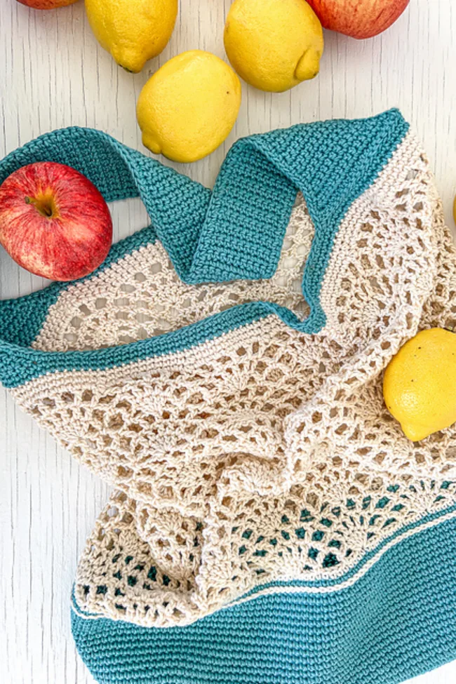 green and cream crochet market bag