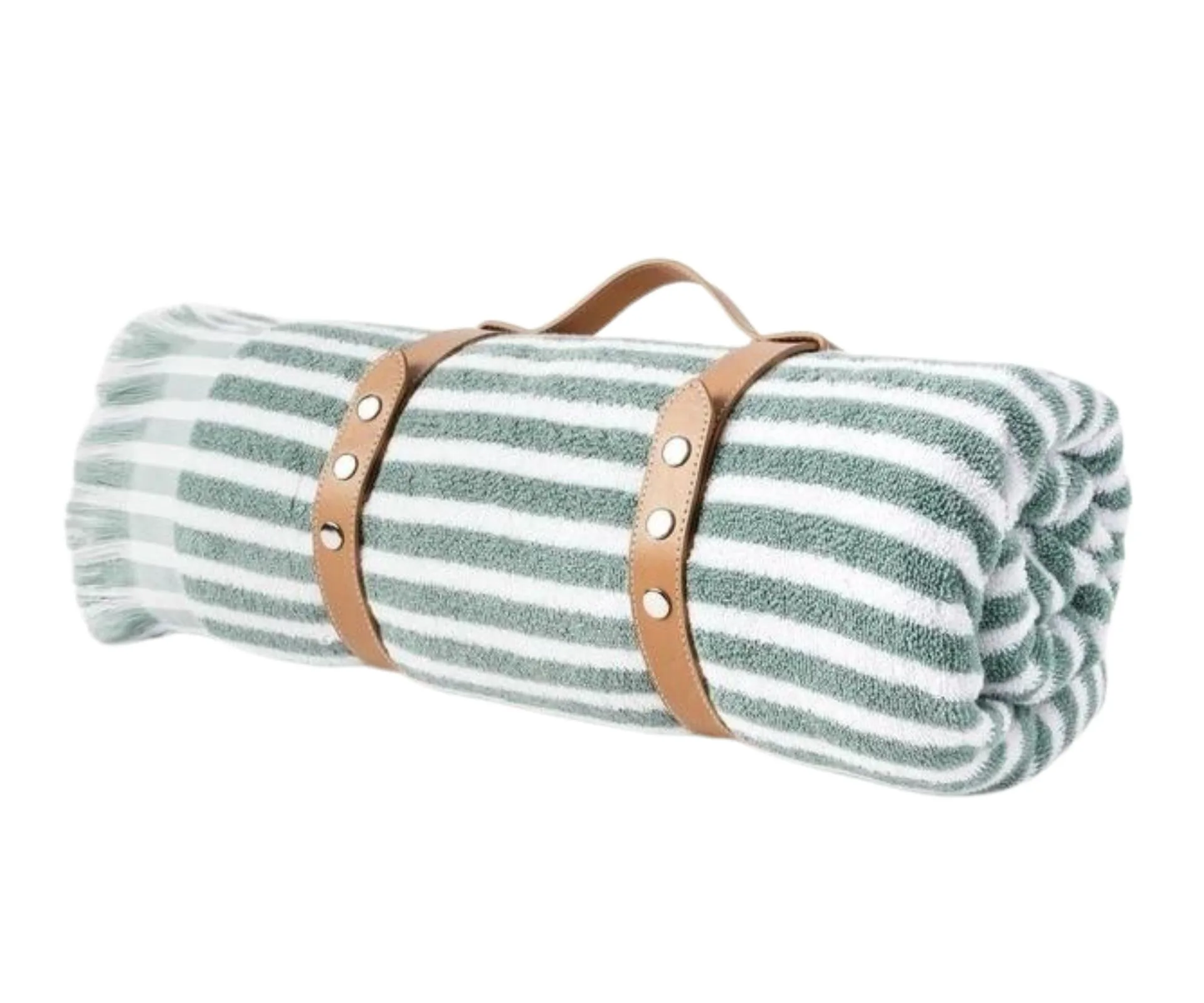 pinstripe beach towel in sage with a leather carry strap