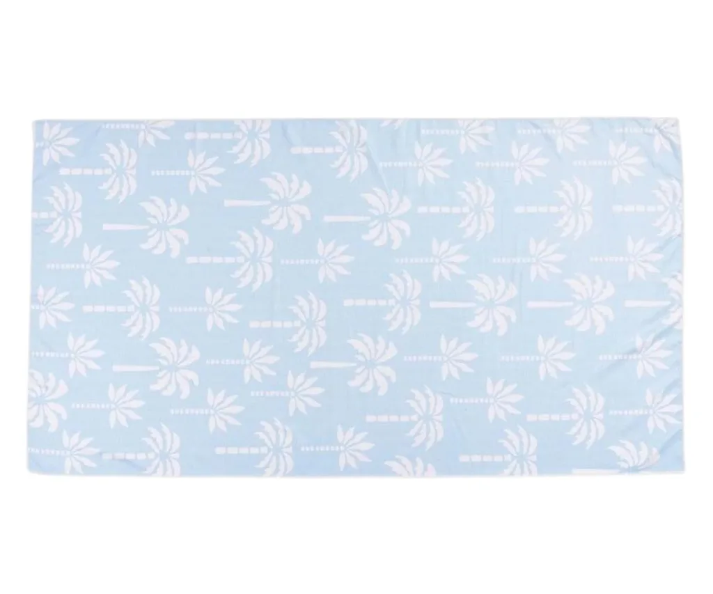 myer sand free towel in blue with palm tree design