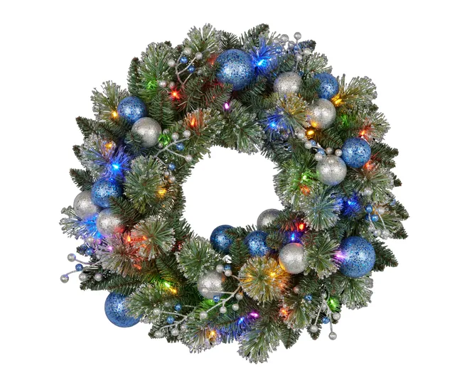 wreath with multi-coloured baubles and lights