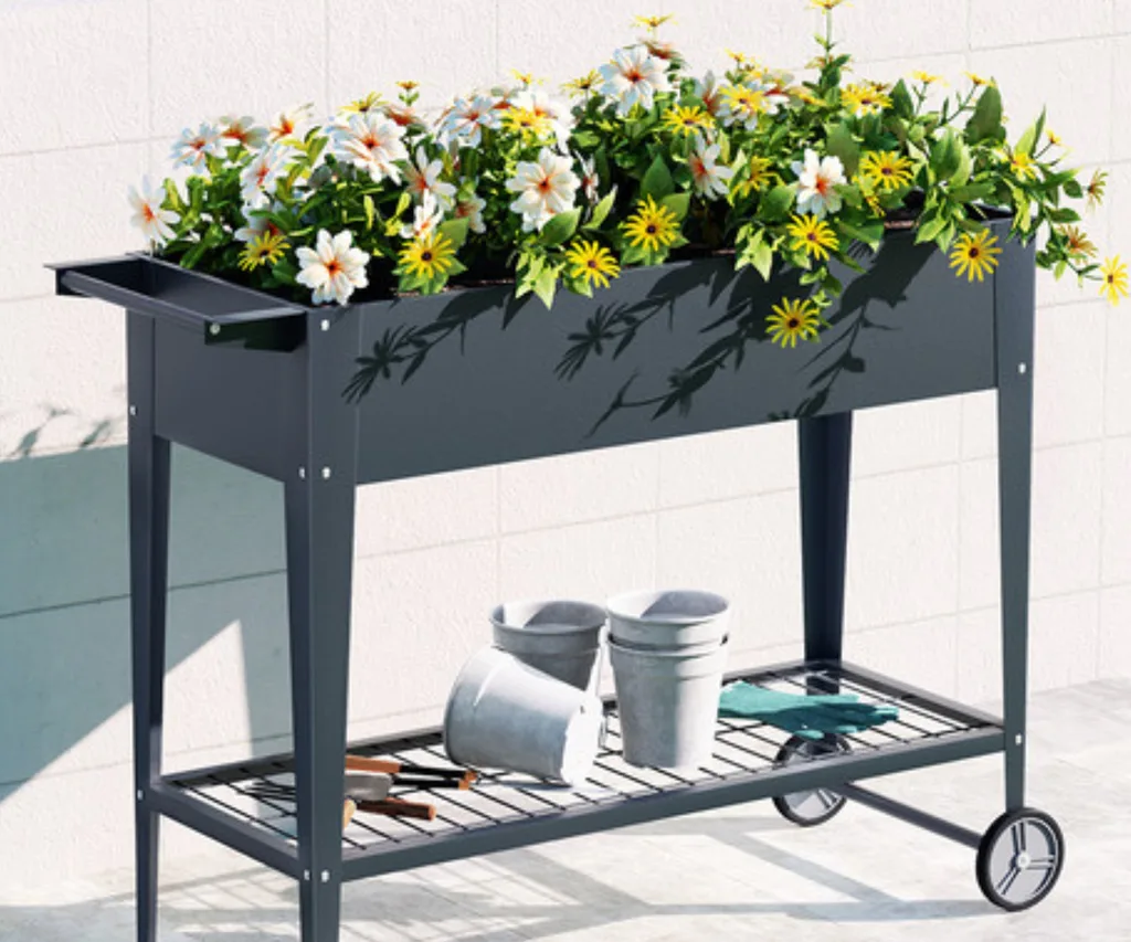 temple and webster black friday sales garden planter with white and yellow flowers in planter box and leftover pots underneath it