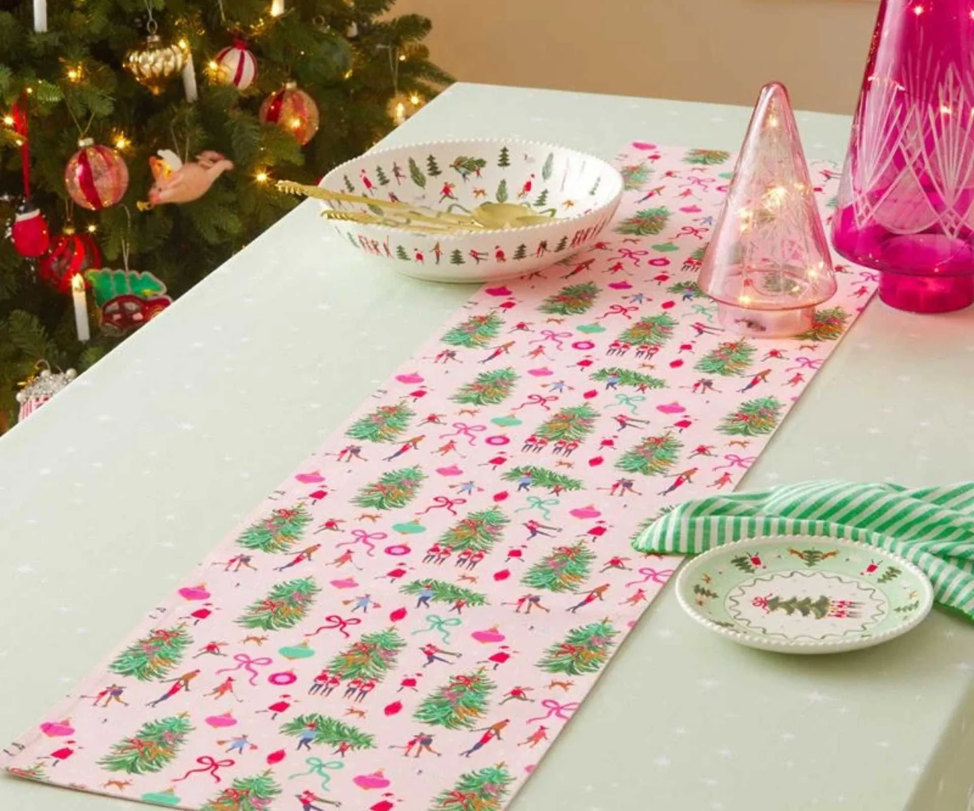 christmas themed table runner with christmas trees