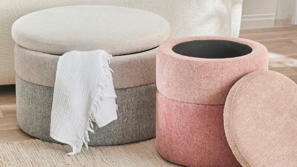 Everton Storage Ottoman in pink and grey colourways.