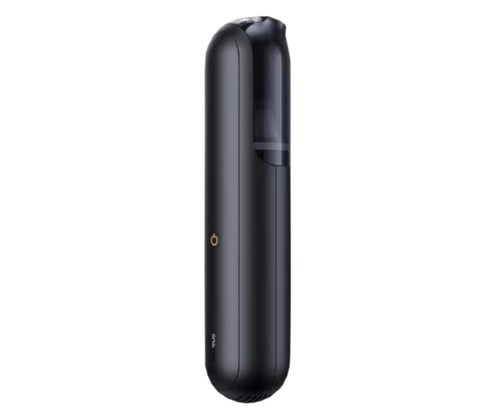 car vacuum cleaner in cylindrical shape and small on button in orange on the side
