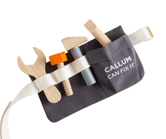 kids wooden toolbet with wrench, hammer and personalised embroided name