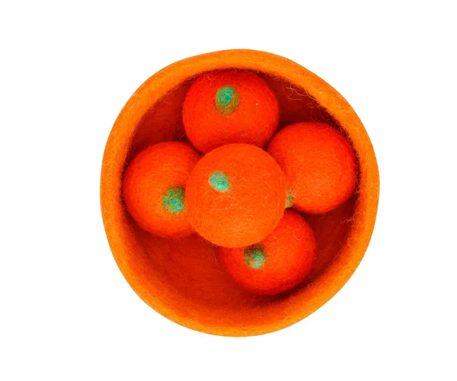 felt orange balls in felt bowl