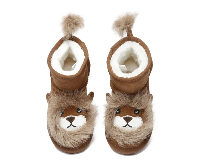 ugg boots with lions face and mane on the front and tail sticking out the back of the shoe