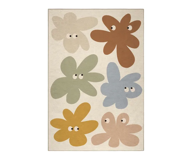 washable rug with flower face design in muted pastel colours