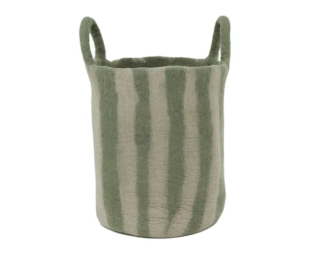 felt toy basket made of cream and muted green stripes