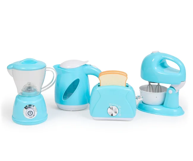 kitchen play set in light blue with blender, mixer, toaster and kettle