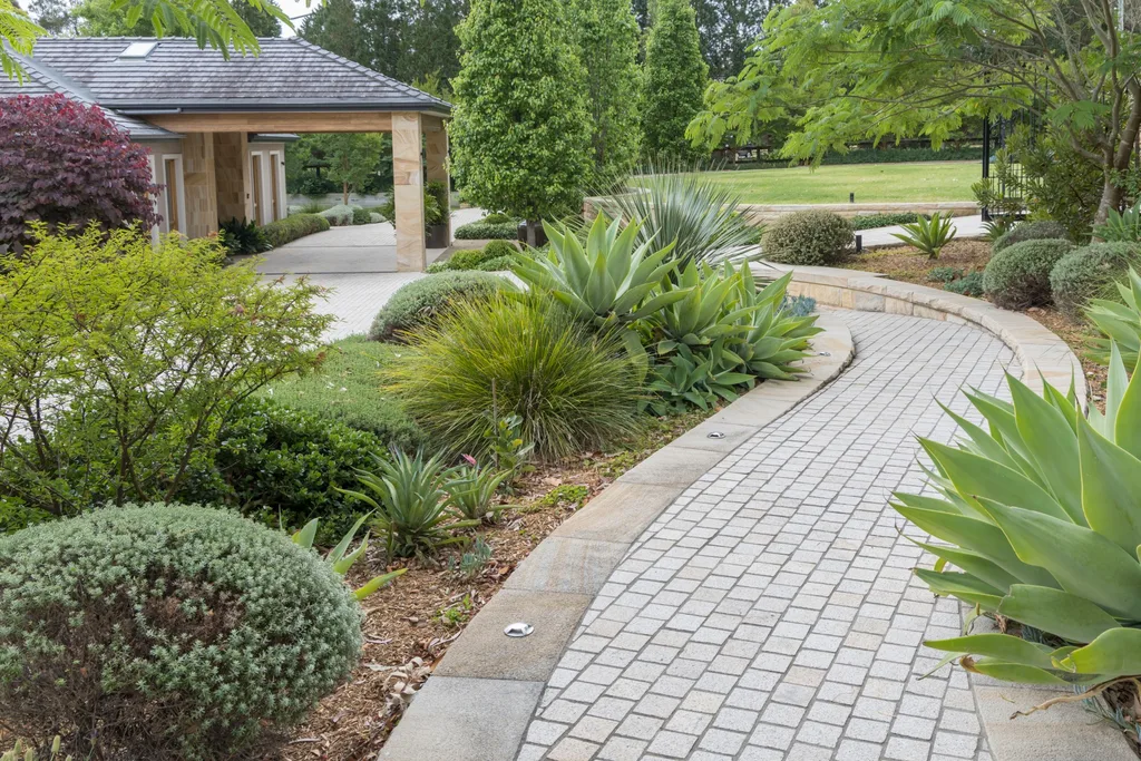 topiary hedges with paved pathway and agave plants sticking out