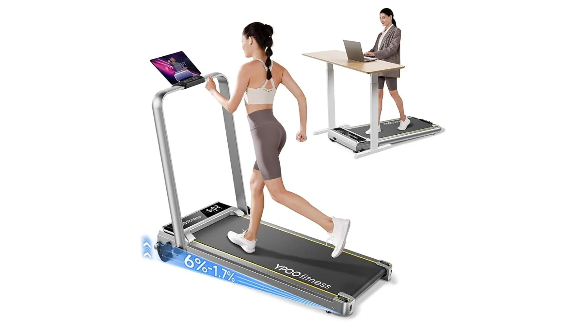 Ypoo walking pad with foldable handrail.