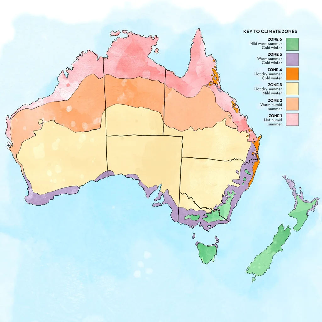 climate zones image with map of australia and new zealand and colour key on the side
