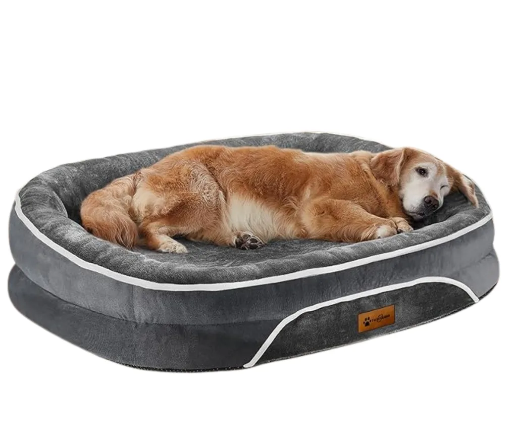 old golden retriever lying down on orthopedic dog bed in grey colour