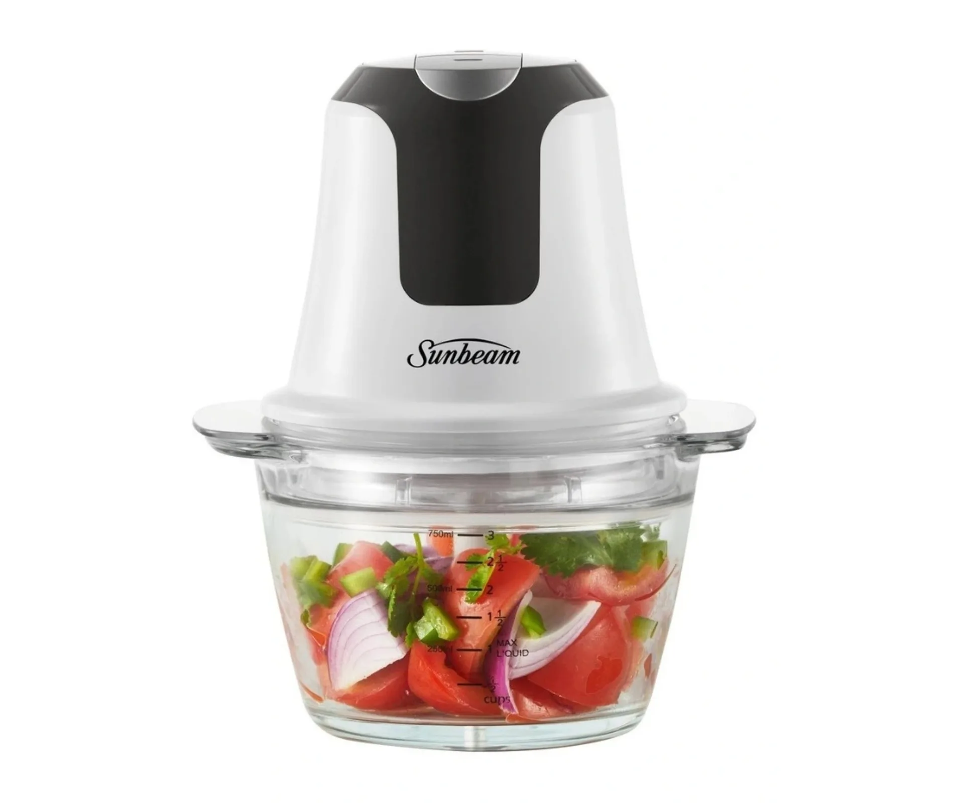 sunbeam best small kitchen appliance multi chopper with vegetables inside being chopped