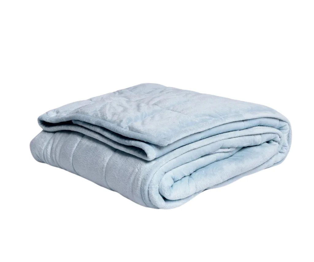light blue weighted blanket folded up from oodie