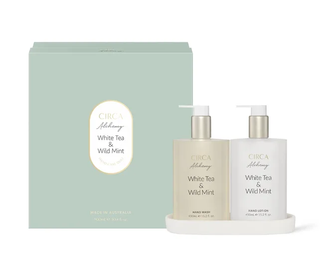 circa set of hand soap and lotion with sage green box next to it