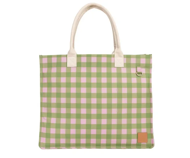 gingham tote bag in pink and green with pink handle