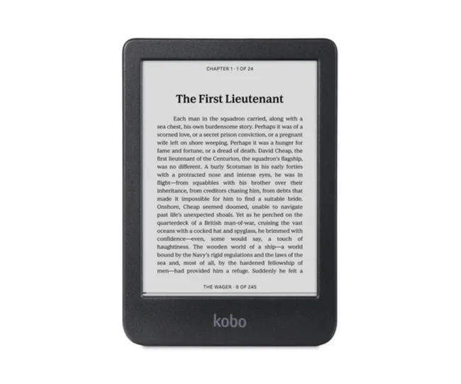 kobo clara e-reader in black and white text with lieutenant first chapter