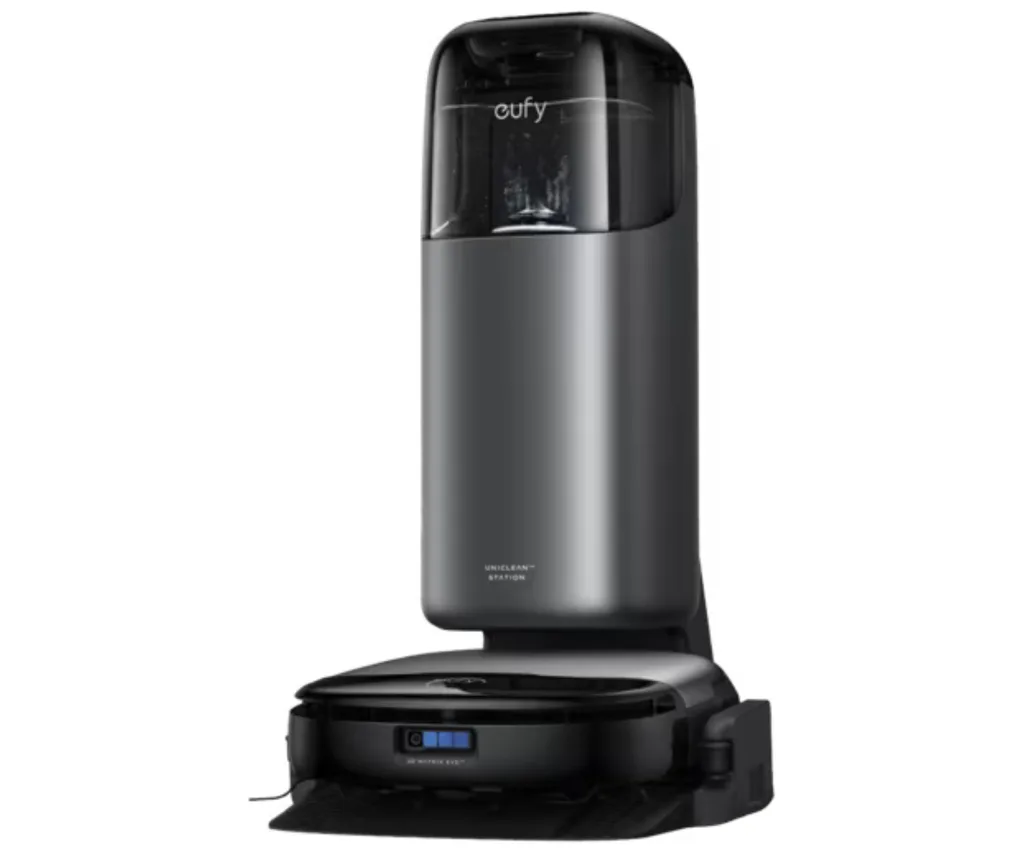 eufy robot vacuum in long cylindrical shape with blue camer in front