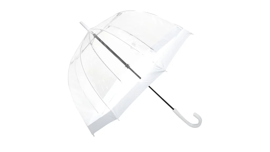 The Clifton PVC birdcage umbrella has transparent dome and white trim.