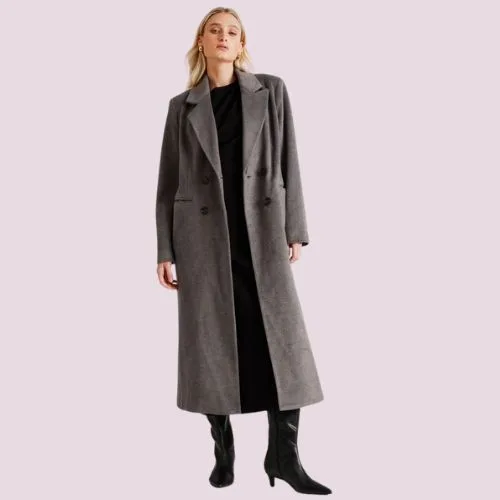 Basque Longline Double Breasted Coat in charcoal