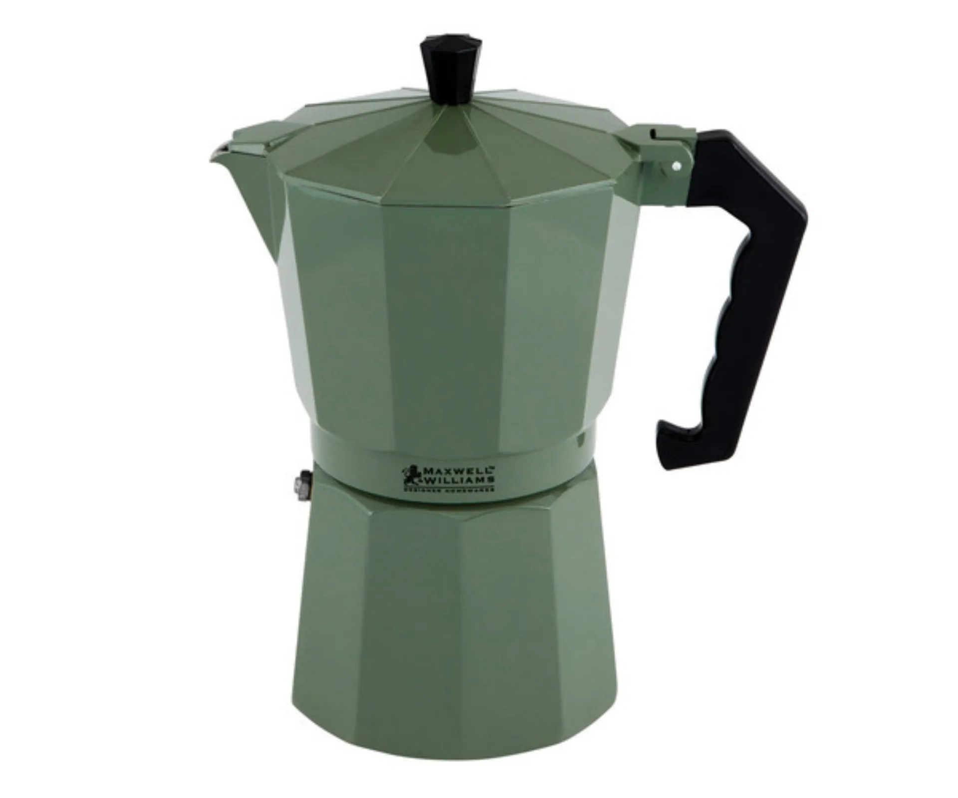 stand alone image of dark green espresso maker with black handle