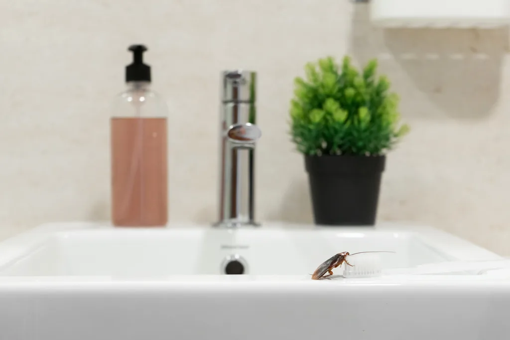 Bathroom sink with cockroach in the foreground