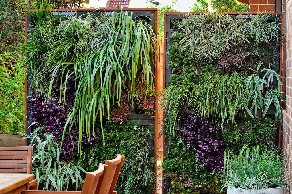 Green walls and vertical gardens can be used as screening.