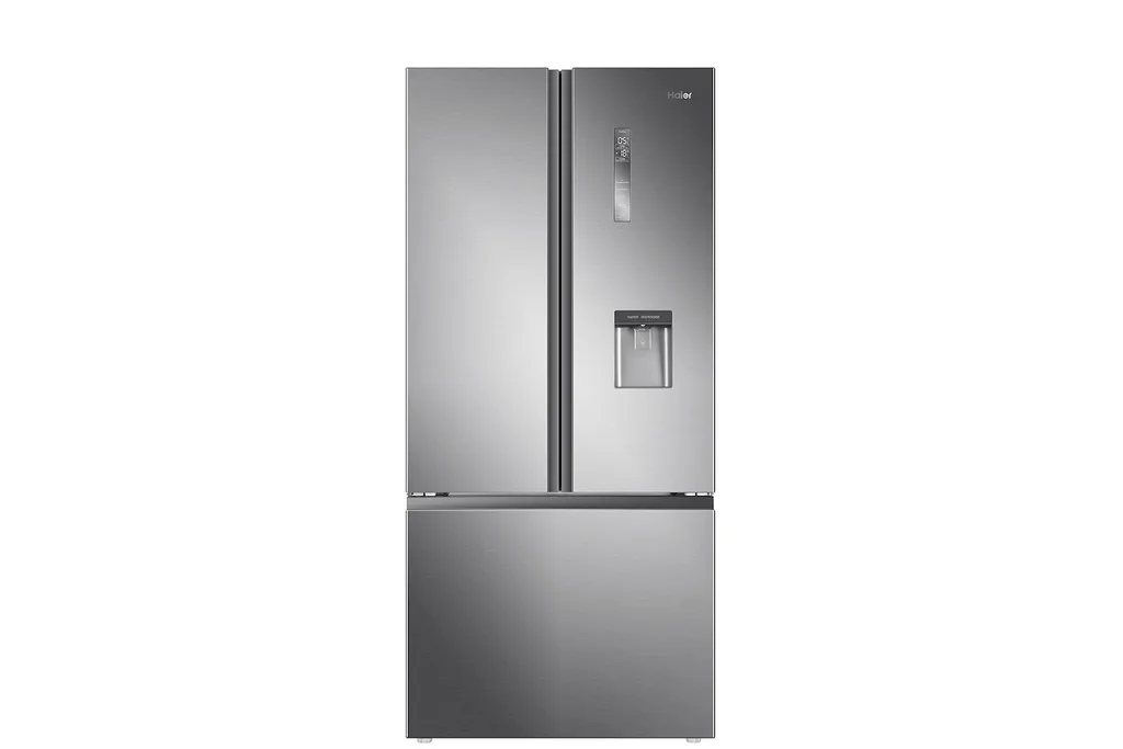 The Haier 489L French Door Fridge (HRF520FHS) with water dispenser, in Satina Silver.