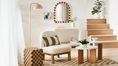 Living room with checker furniture and neutral tone chair
