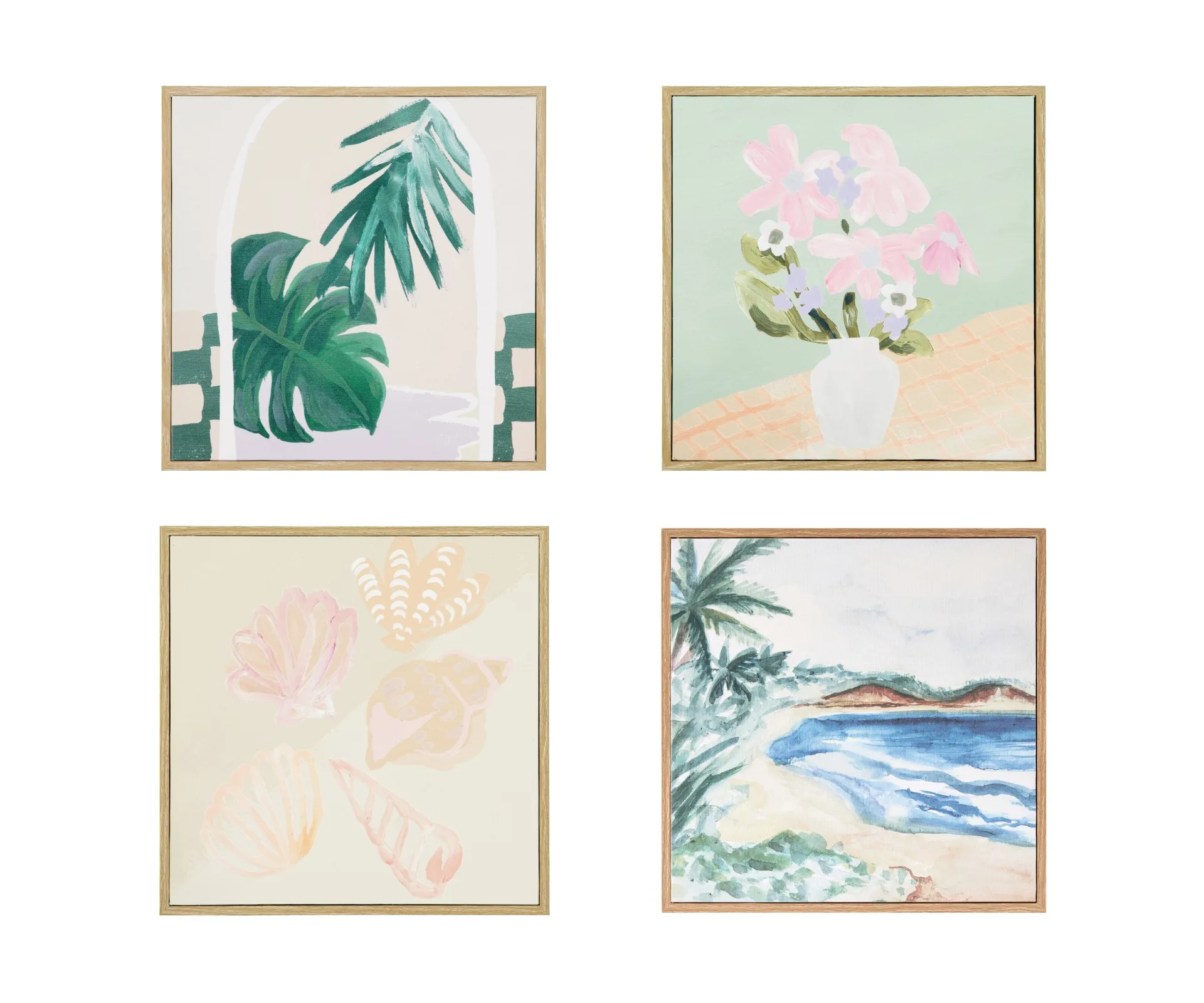 four canvas prints of palms, seashells, a beach and flowers