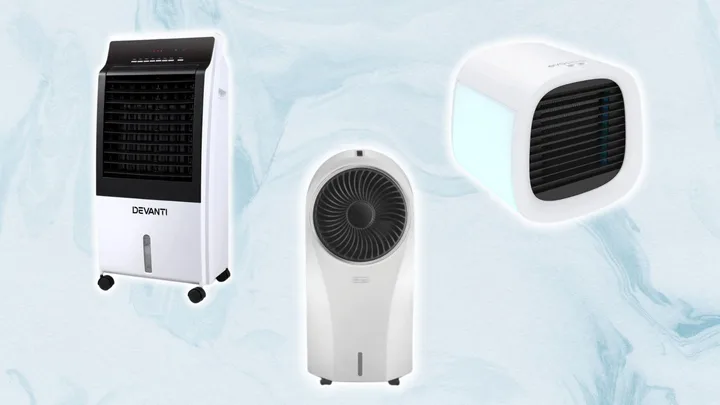 Three different portable air coolers on a soft blue background.