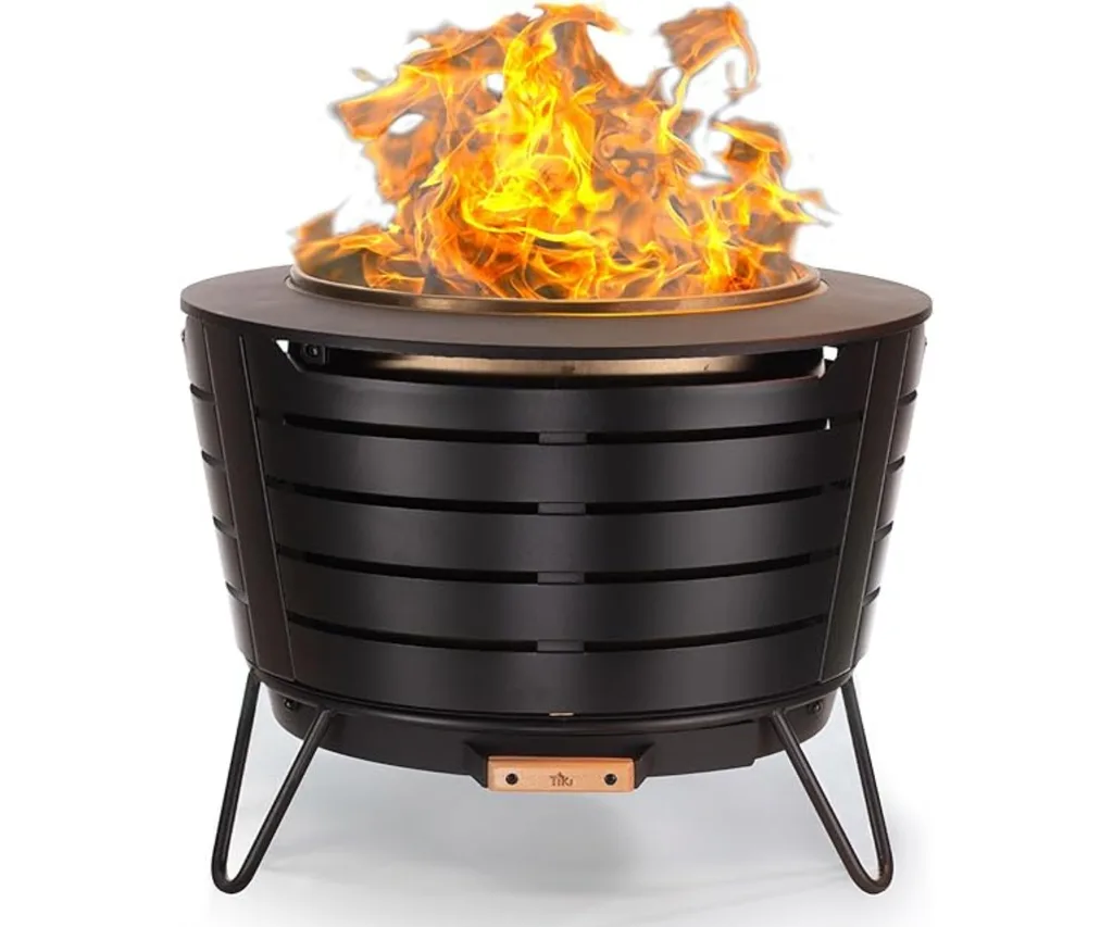 smokeless fire pit with fake fire on top and tripod stand
