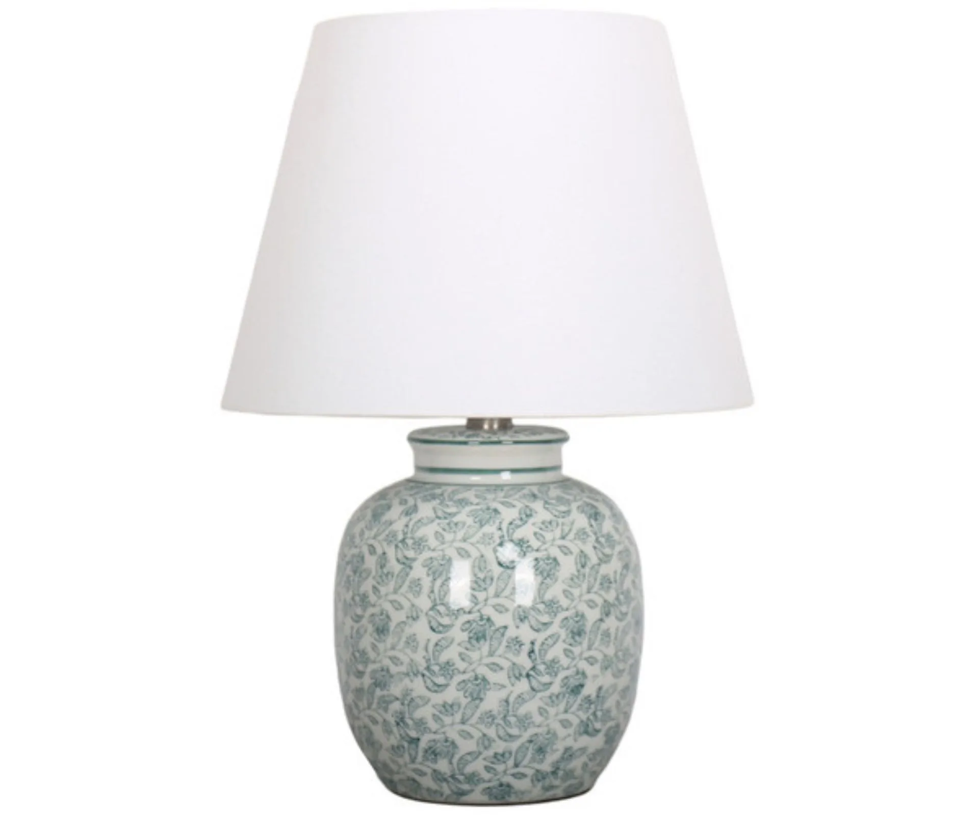 Ancient Chinese inspired blue and white patterned ceramic table lamp with white lamp shade